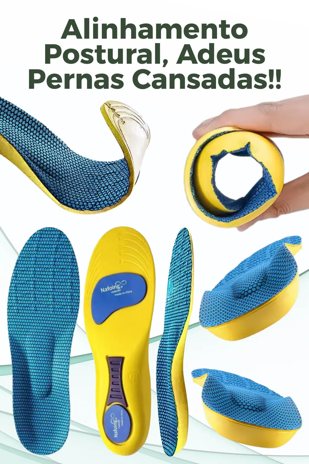 Infográfico mostrando a palmilha ortopédica X, com exibição anatômica amarela, para pés chatos, planos, pisada pronada. Demonstra flexibilidade elástica ao ser enrolada, visões do tecido superior azul texturizado colmeia e solado inferior com amortecimento reforçado sobre fundo abstrato