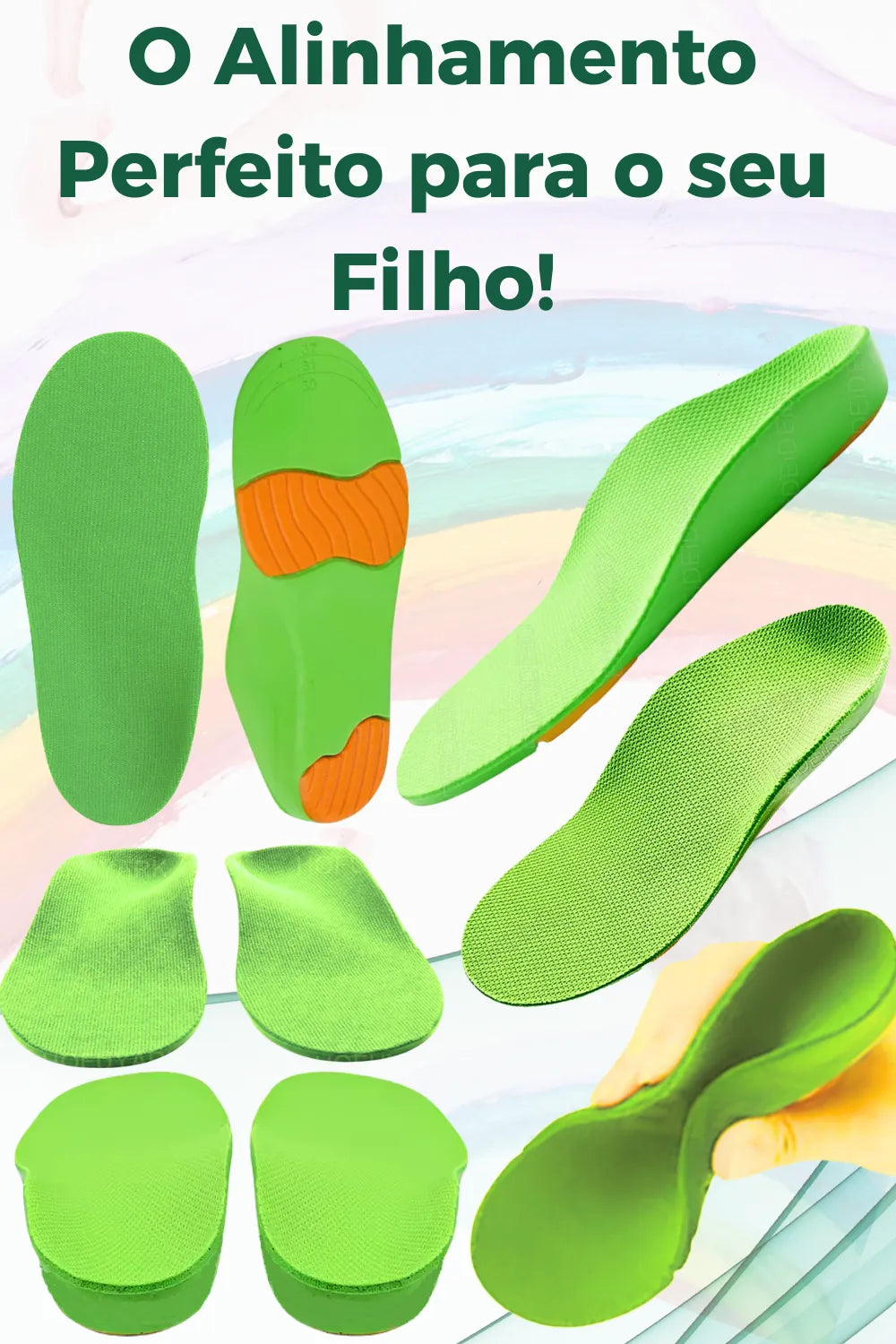 Palmilha ortopédica X infantil verde com amortecedores laranjas e fundo de arco-íris, para pés chatos, planos, pisada pronada, Universo Vigor Saúde.
