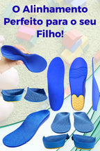 Palmilha ortopédica X infantil azul com teste de flexibilidade e suporte de arco, para pés chatos, planos, pisada pronada, 3D Universo Vigor Saúde.