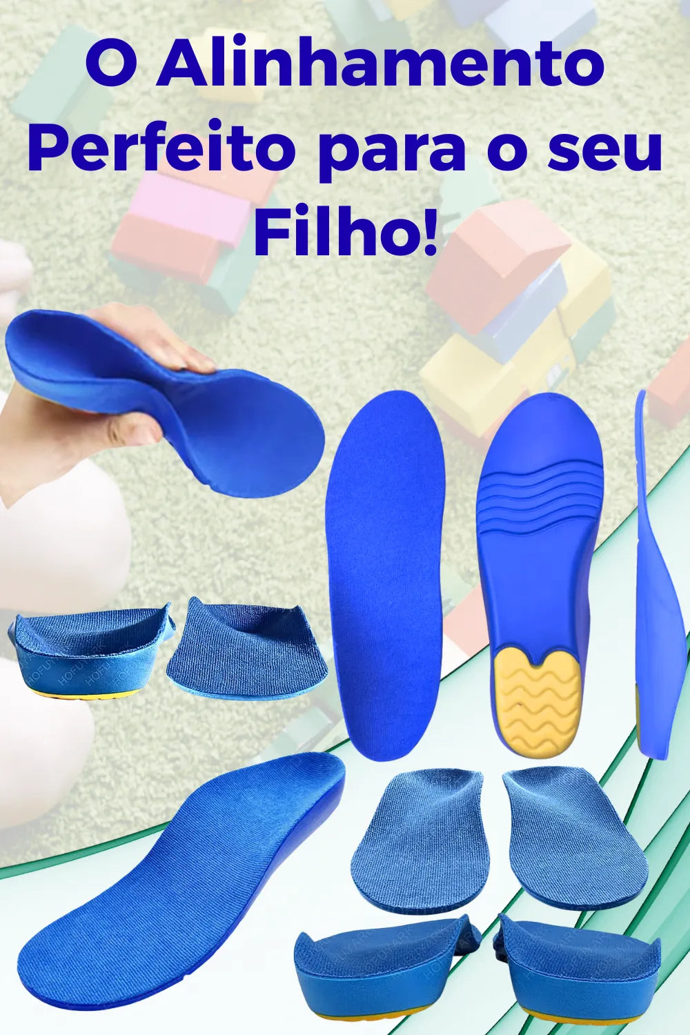 Palmilha ortopédica X infantil azul com teste de flexibilidade e suporte de arco, para pés chatos, planos, pisada pronada, 3D Universo Vigor Saúde.
