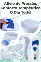 Infográfico mostrando a palmilha ortopédica X branca, exibindo múltiplos ângulos da palmilha ortopédica X branca, para pés chatos, planos, pisada pronada. Mostra uma mão flexionando a base de esferas massageadoras e detalhes do solado anatômico com amortecedores azuis