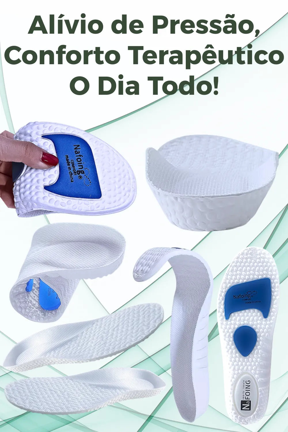Infográfico mostrando a palmilha ortopédica X branca, exibindo múltiplos ângulos da palmilha ortopédica X branca, para pés chatos, planos, pisada pronada. Mostra uma mão flexionando a base de esferas massageadoras e detalhes do solado anatômico com amortecedores azuis
