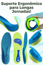 Infográfico mostrando a palmilha ortopédica X esportiva, exibindo múltiplos ângulos da esportiva, para pés chatos, planos, pisada pronada, verde-limão. Mostra o produto enrolado em espiral com a mão e detalhes do solado anatômico com tecido superior azul