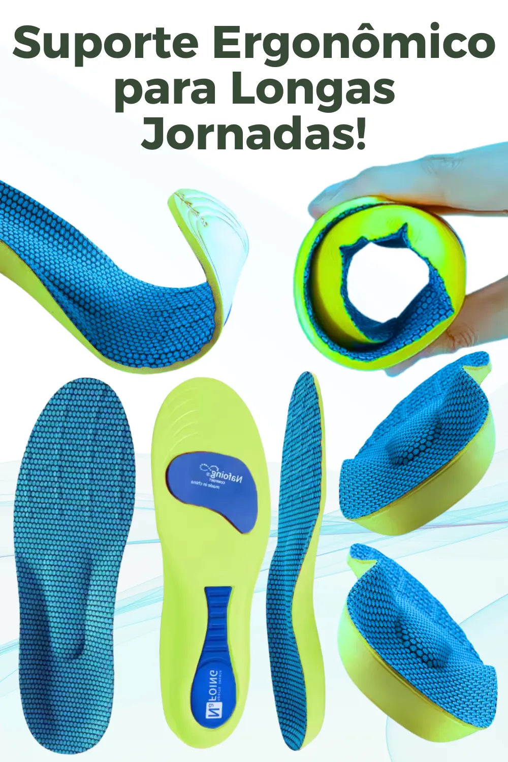 Infográfico mostrando a palmilha ortopédica X esportiva, exibindo múltiplos ângulos da esportiva, para pés chatos, planos, pisada pronada, verde-limão. Mostra o produto enrolado em espiral com a mão e detalhes do solado anatômico com tecido superior azul