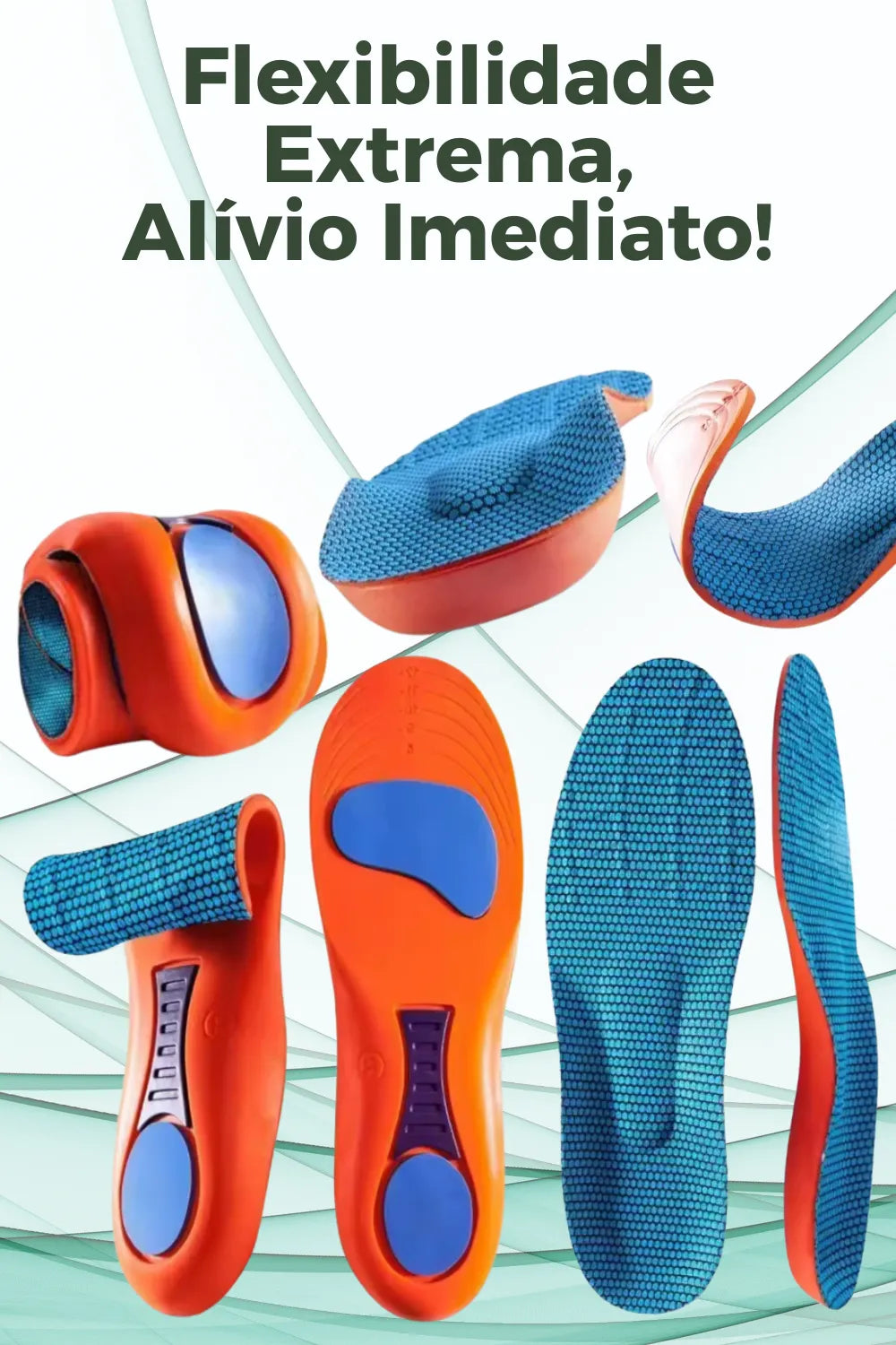 Infográfico vertical da palmilha ortopédica X laranja, para pés chatos, planos, pisada pronada. Mostra o produto enrolado, dobrado e em múltiplos ângulos destacando a base de amortecimento em gel azul