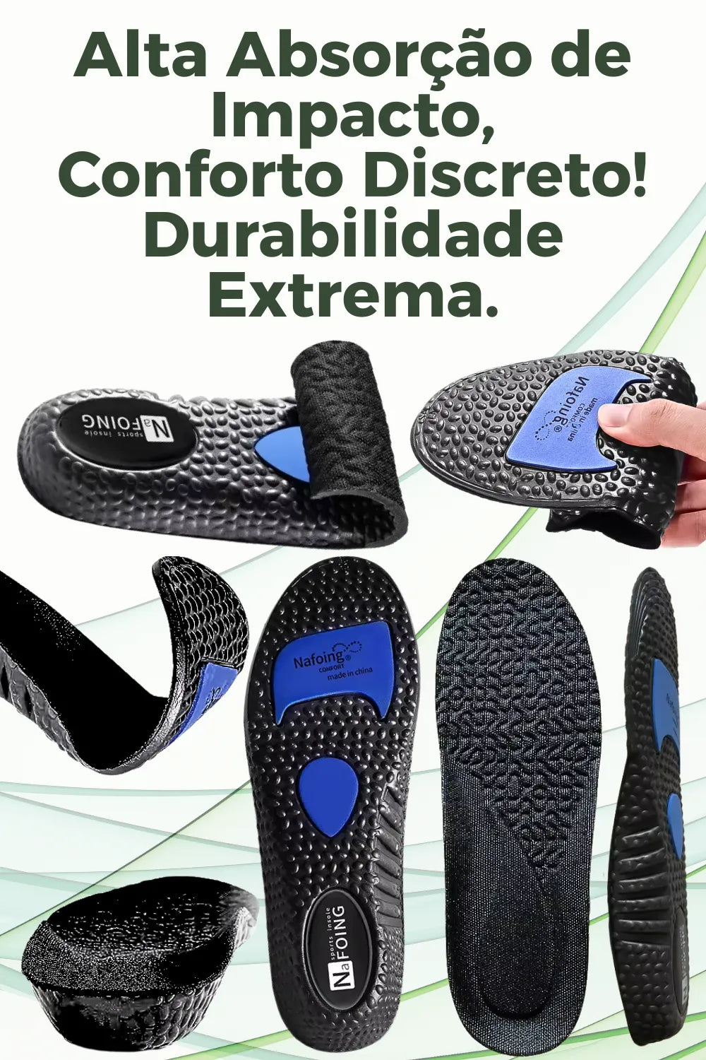 Infográfico mostrsando a palmilha ortopédica X preta, exibindo múltiplos ângulos, para pés chatos, planos, pisada pronada. Mostra detalhes do solado antiderrapante texturizado, amortecedores azuis em gel e alta flexibilidade do material sob torção 