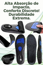 Infográfico mostrsando a palmilha ortopédica X preta, exibindo múltiplos ângulos, para pés chatos, planos, pisada pronada. Mostra detalhes do solado antiderrapante texturizado, amortecedores azuis em gel e alta flexibilidade do material sob torção 