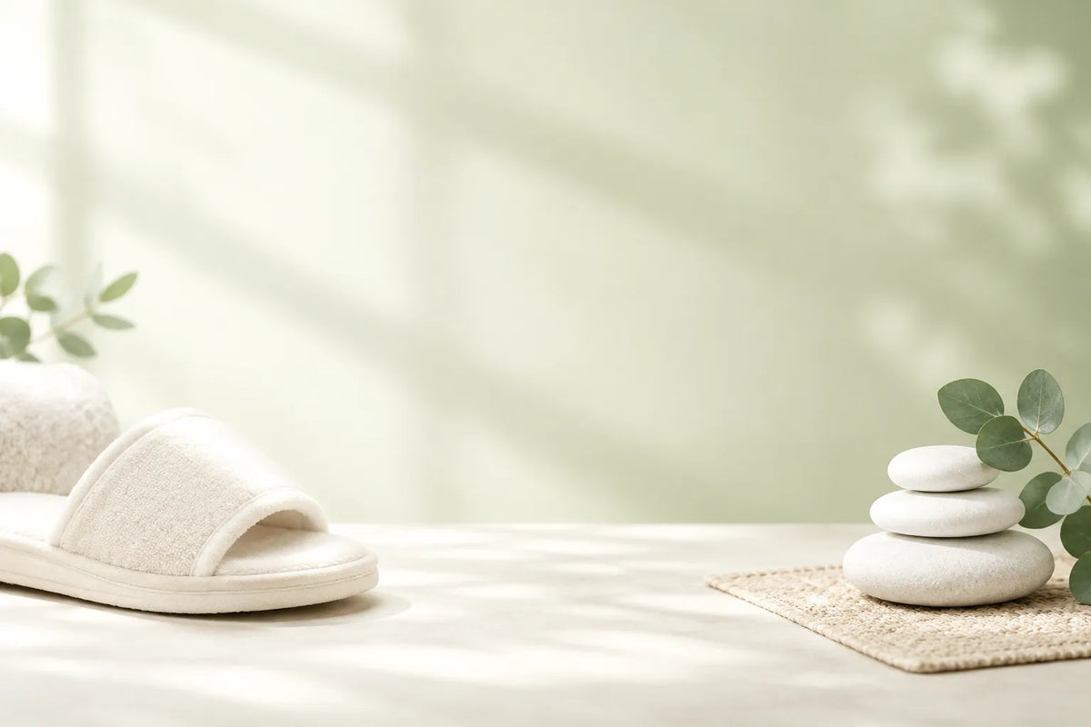 Seção newsletter — chinelo e pedras zen, conforto e saúde dos pés