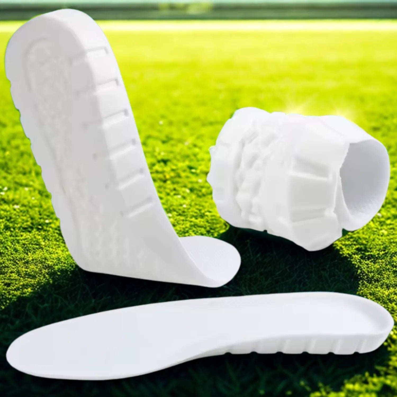 Palmilha ortopédica branca em ambiente externo — conforto para atividades esportivas ao ar livre.