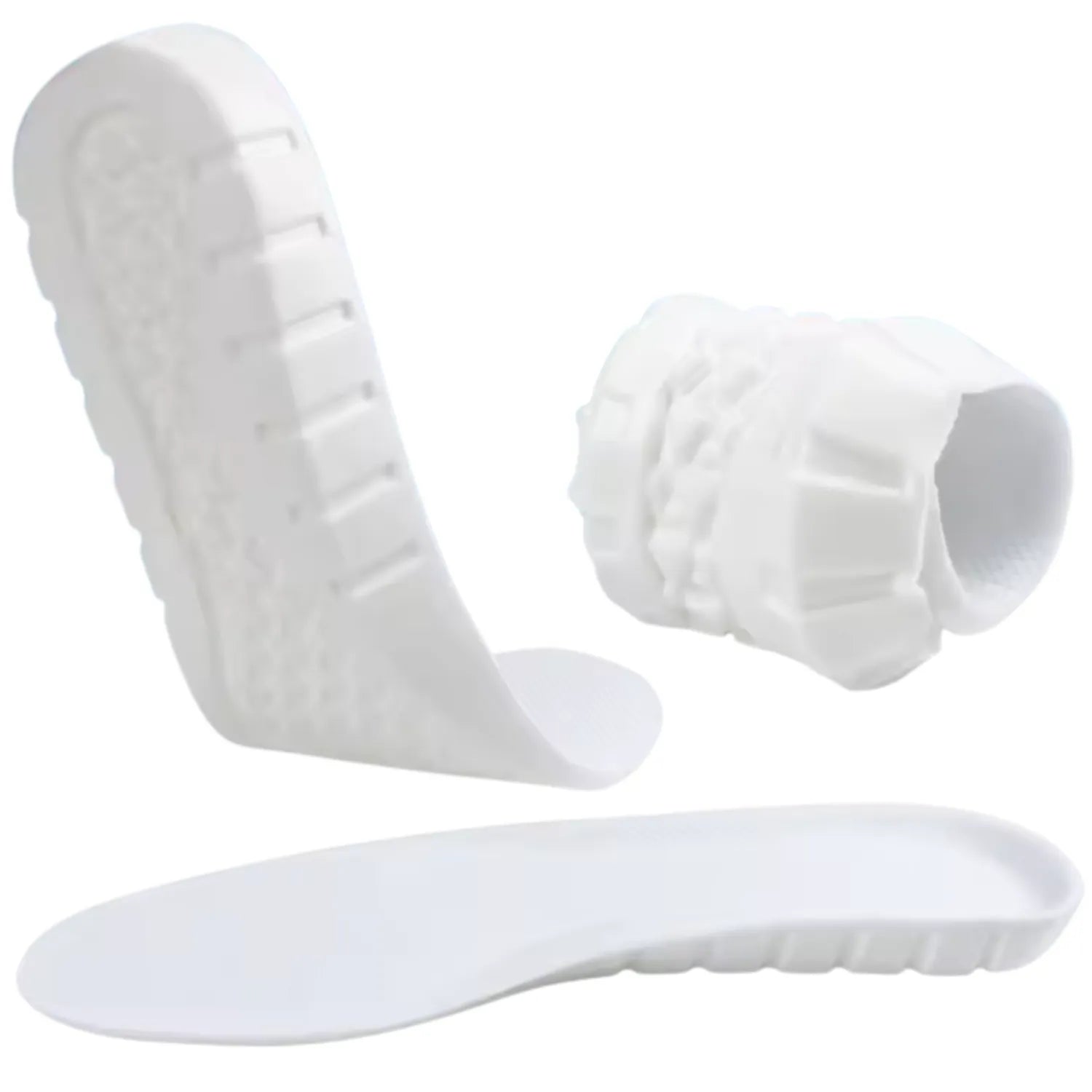 Palmilha esportiva branca vista de lado, flexível, macia — elevação do calcanhar em U e aumento de altura.