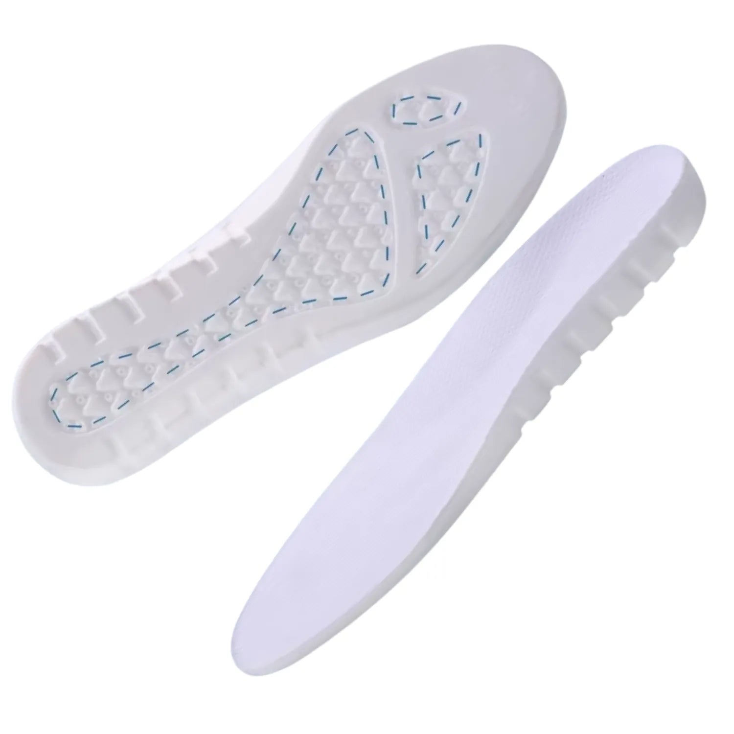 Palmilha ortopédica branca — vista inferior com textura antiderrapante e suporte de arco.