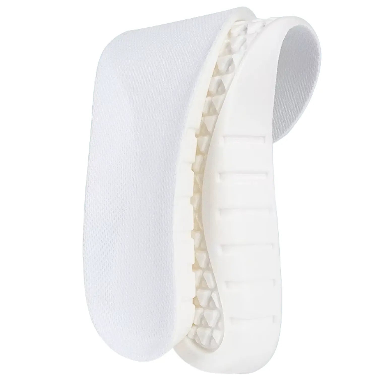 Detalhe lateral da palmilha esportiva e flexível— espuma de memória e elevação do calcanhar.