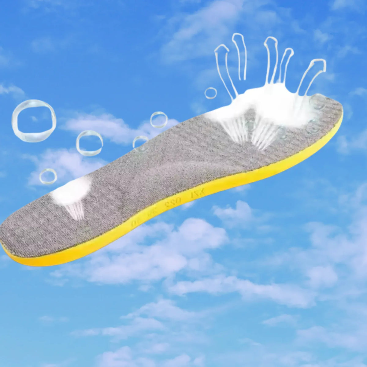 Palmilha corretiva ortopédica X para pernas em X na cor preta, para pés chatos, pisada plana, pronada, com suporte de arco anatômico e base amarela. O produto aparece flutuando em um cenário de céu azul com nuvens, com grafismos brancos e bolhas que simulam a circulação de ar e o conforto térmico do revestimento