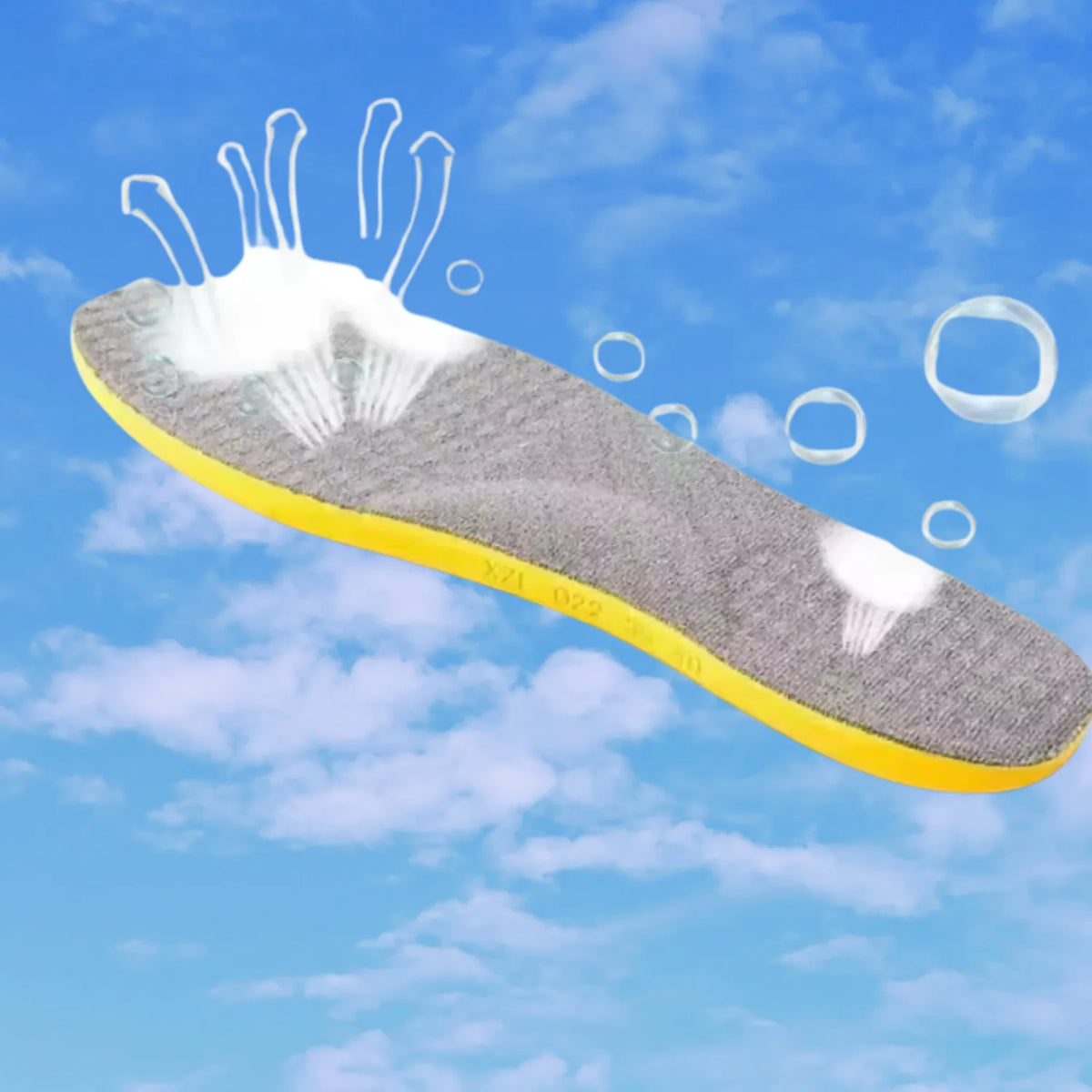 Palmilha corretiva ortopédica O para pernas em O na cor preta, com suporte de arco anatômico e base amarela. O produto é exibido flutuando contra um fundo de céu azul com nuvens, acompanhado de grafismos de vento e bolhas que ilustram a ventilação e o frescor do tecido
