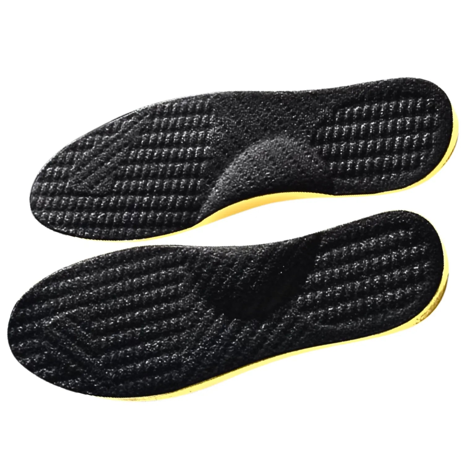 Vista horizontal do par de palmilhas ortopédicas pretas, destacando o design ergonômico para suporte de arco em pés chatos Universo Vigor Saúde.
