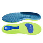 Apresentação horizontal dupla de palmilha ergonômica na cor verde-limão, mostrando o revestimento superior em tecido azul texturizado e o solado inferior com amortecimento reforçado azul sobre fundo branco