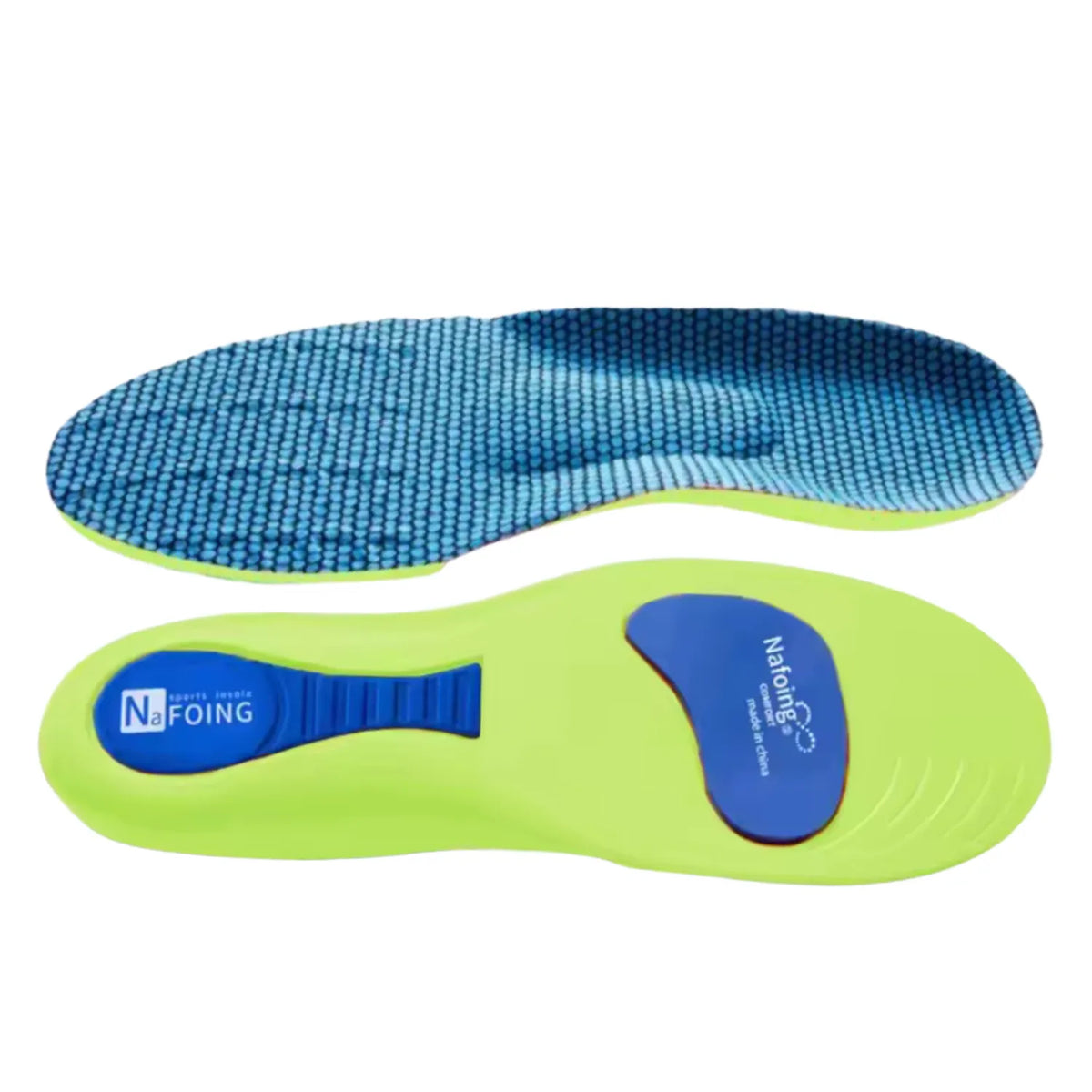 Apresentação horizontal dupla de palmilha ergonômica na cor verde-limão, mostrando o revestimento superior em tecido azul texturizado e o solado inferior com amortecimento reforçado azul sobre fundo branco