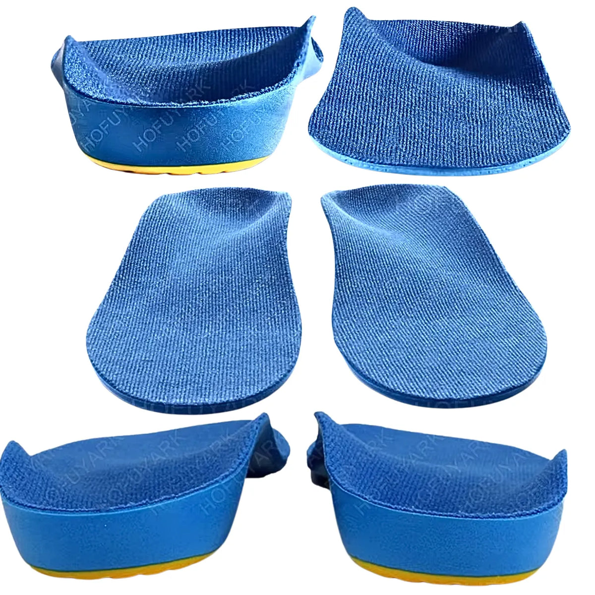 Composição técnica de ângulos da palmilha ortopédica X infantil 3d azul, para pés chatos, planos, pisada pronada, destacando o formato em U do calcanhar de três centímetros e a base estruturada Universo Vigor Saúde