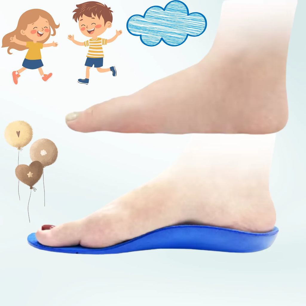 Palmilha ortopédica X infantil 3d, comparativo de antes e depois com ilustrações infantis, mostrando o realinhamento mecânico e suporte do arco plantar com uso, para pés chatos, planos, pisada pronada, Universo Vigor Saúde