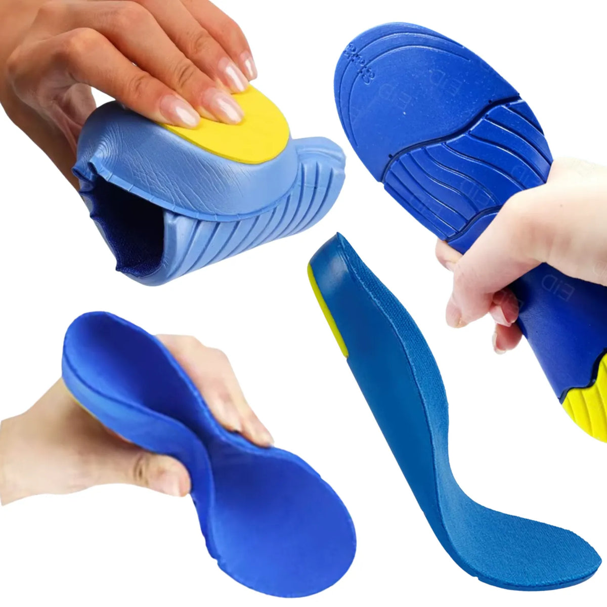 Palmilha ortopédica X infantil 3d azul com calcanhar amarelo, composição com mãos flexionando e testando a maleabilidade e a torção, para pés chatos, planos, pisada pronada, Universo Vigor Saúde