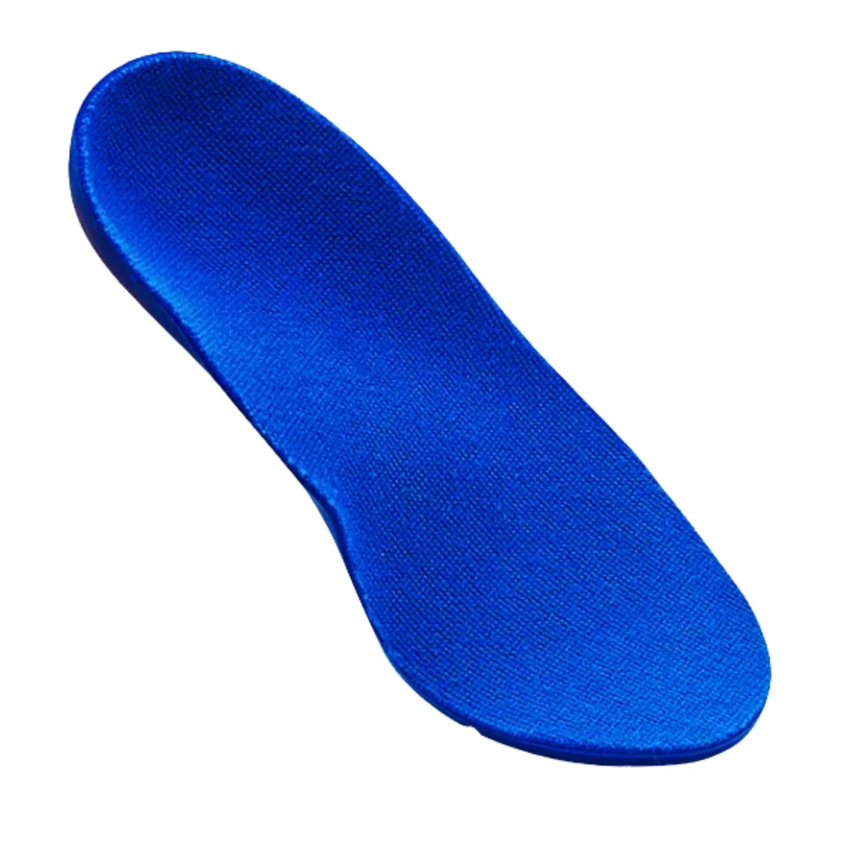 Vista da palmilha ortopédica X infantil 3d visão superior aproximada exibindo o acabamento em tecido veludo azul e o design ergonômico com suporte de arco médio para Universo Vigor Saúde
