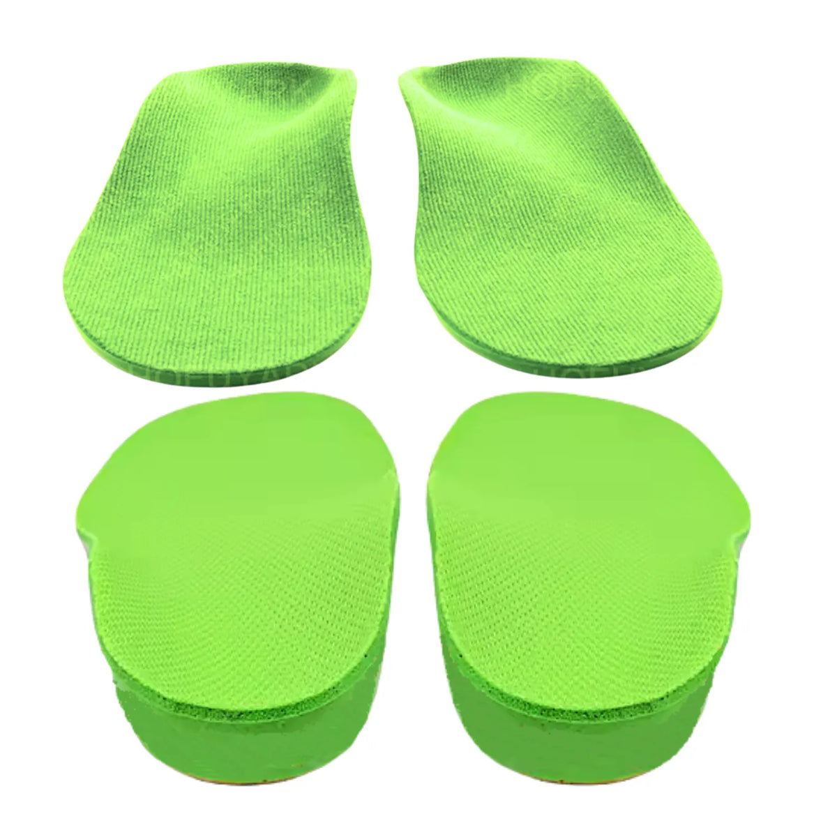 Palmilha ortopédica X infantil 3d verde quanto a composição com vistas superiores e traseiras destacando o calcanhar profundo em formato U, para pés chatos, planos, pisada pronada, Universo Vigor Saúde