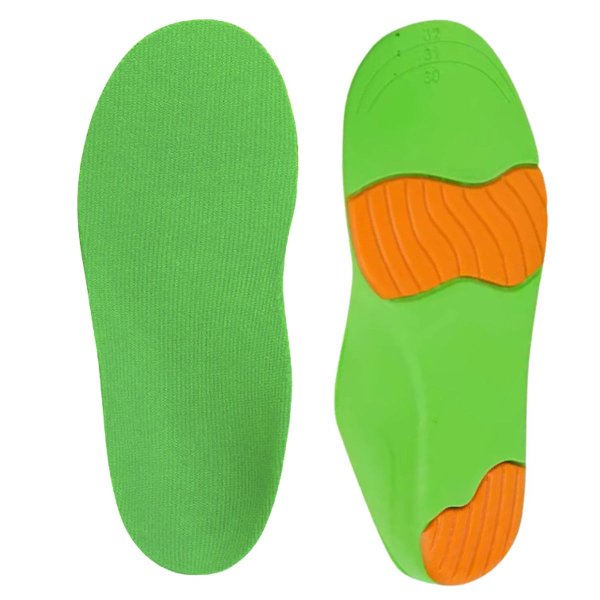 Vista da palmilha ortopédica X infantil 3d recortável,  plana superior em veludo verde e inferior com amortecedores laranjas para pés chatos, planos, pisada pronada, Universo Vigor Saúde