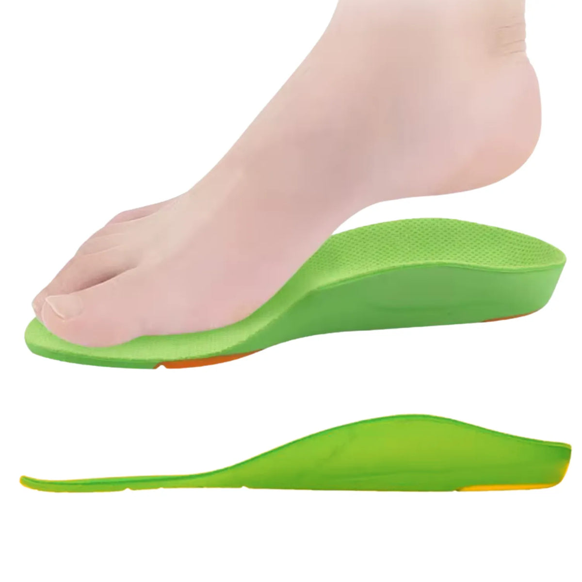 Demonstração de uso de pé infantil sobre a palmilha ortopédica X 3D verde, para pés chatos, planos, pisada pronada, destacando o suporte preciso do arco médio e o perfil lateral ergonômico Universo Vigor Saúde