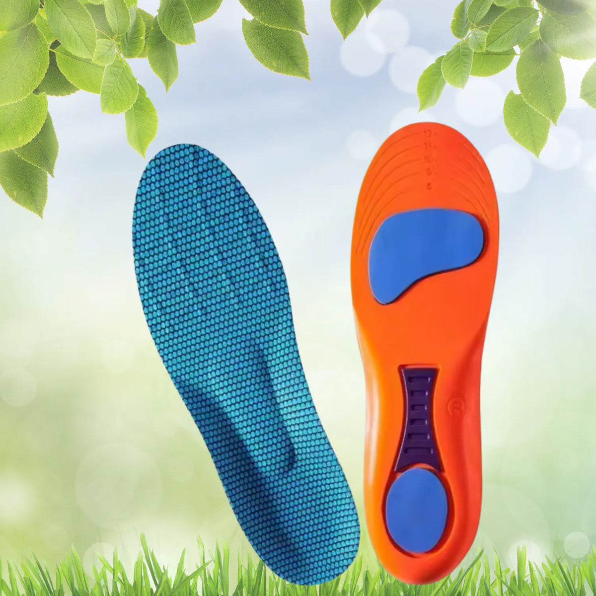 Par de palmilhas esportivas ortopédicas X, para pés chatos, planos, pisada pronada, azul e laranja, com zonas de gel azul para amortecimento e suporte do arco plantar em ambiente natural Universo Vigor Saúde
