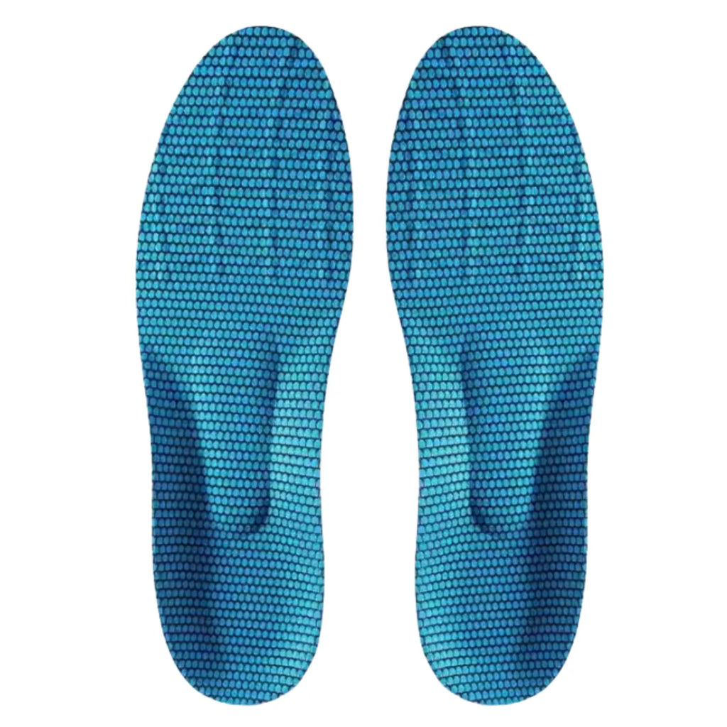Par de palmilhas ortopédicas X esportivas azul/amarelo, anatômicas simétricas vistas de cima, detalhando a superfície superior em malha tecnológica azul texturizada e o desenho ergonômico moldado sobre fundo branco, para pés chatos, planos, pisada pronada