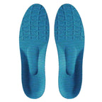 Par de palmilhas ortopédicas X esportivas azul/amarelo, anatômicas simétricas vistas de cima, detalhando a superfície superior em malha tecnológica azul texturizada e o desenho ergonômico moldado sobre fundo branco, para pés chatos, planos, pisada pronada