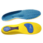 Exibição horizontal dupla de palmilha ortopédica X anatômica amarela, para pés chatos, planos, pisada pronada, destacando a face superior em tecido azul texturizado colmeia e o lado inferior com reforço estrutural roxo e amortecedores azuis sobre fundo branco
