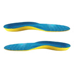 Exibição dupla em perfil lateral de palmilha ortopédica X anatômica, para pés chatos, planos, pisada pronada, na cor amarela revestida com tecido texturizado azul, destacando a elevação ergonômica de suporte ao arco médio e calcanhar sobre fundo branco