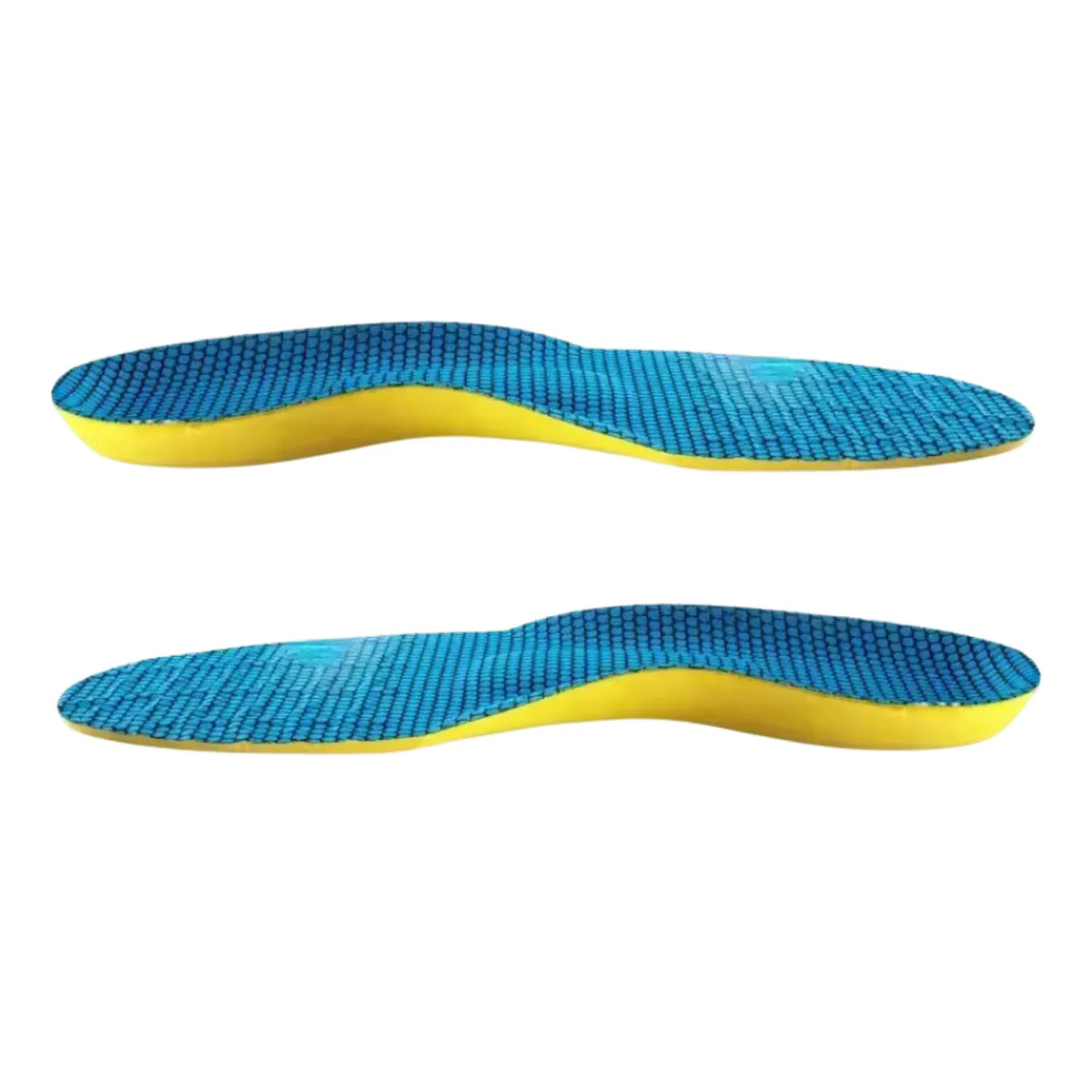 Exibição dupla em perfil lateral de palmilha ortopédica X anatômica, para pés chatos, planos, pisada pronada, na cor amarela revestida com tecido texturizado azul, destacando a elevação ergonômica de suporte ao arco médio e calcanhar sobre fundo branco