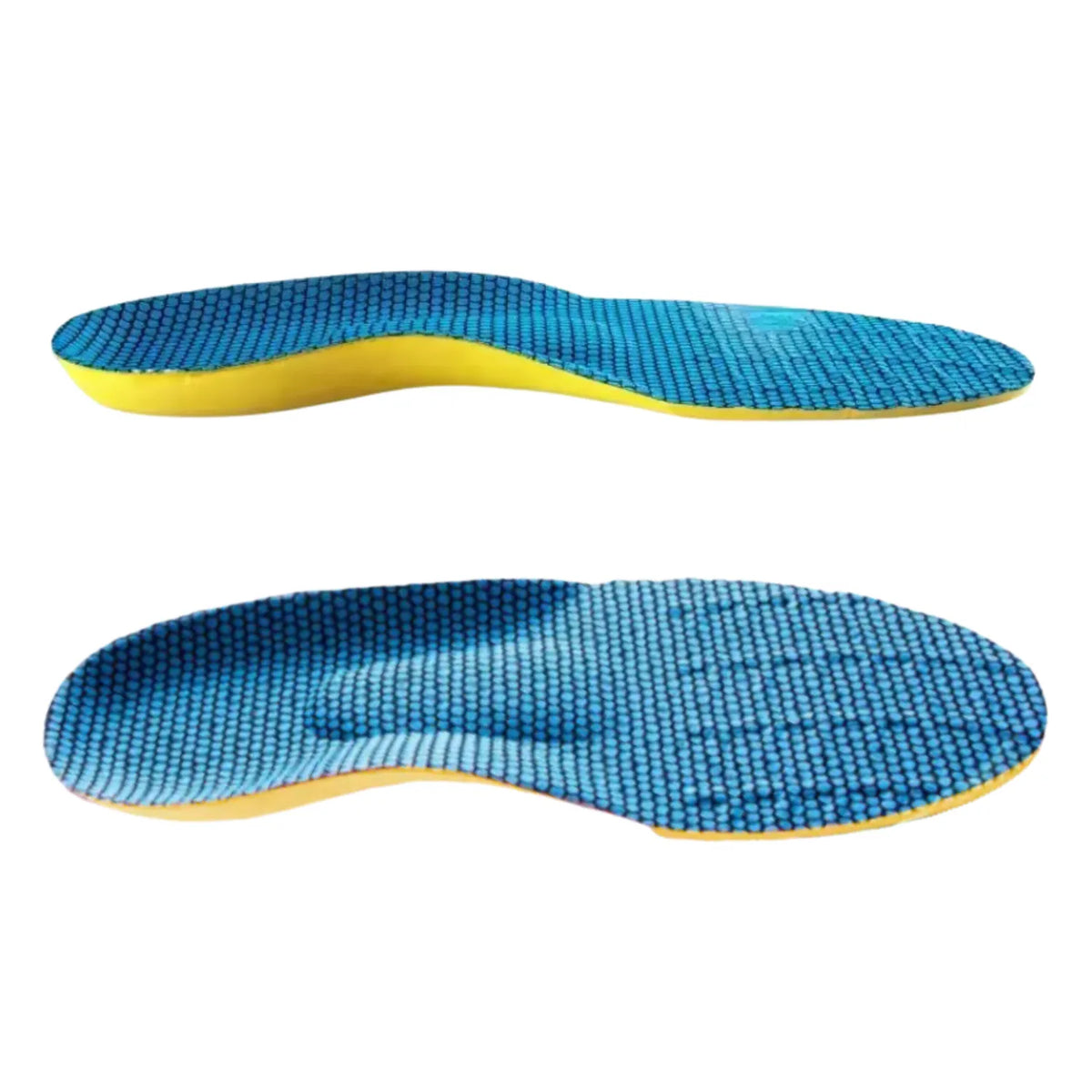 Visão dupla combinada de palmilha ortopédica X ergonômica, para pés chatos, planos, pisada pronada, amarela mostrando a lateral com suporte de arco elevado e a face superior em malha texturizada azul com almofada para o metatarso sobre fundo branco