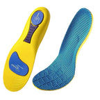 Visão em perspectiva vertical dupla da palmilha ortopédica X anatômica amarela, para pés chatos, planos, pisada pronada, evidenciando o revestimento superior em malha azul texturizada e o lado inferior com reforço estrutural roxo e gel azul sobre fundo branco
