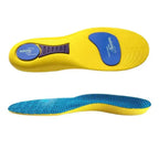 Apresentação em dois ângulos de palmilha ortopédica X ergonômica amarela, para pés chatos, planos, pisada pronada, exibindo o solado inferior com amortecedores azuis no calcanhar e metatarso, ao lado da visão lateral realçando o perfil anatômico com tecido superior azul sobre fundo branco
