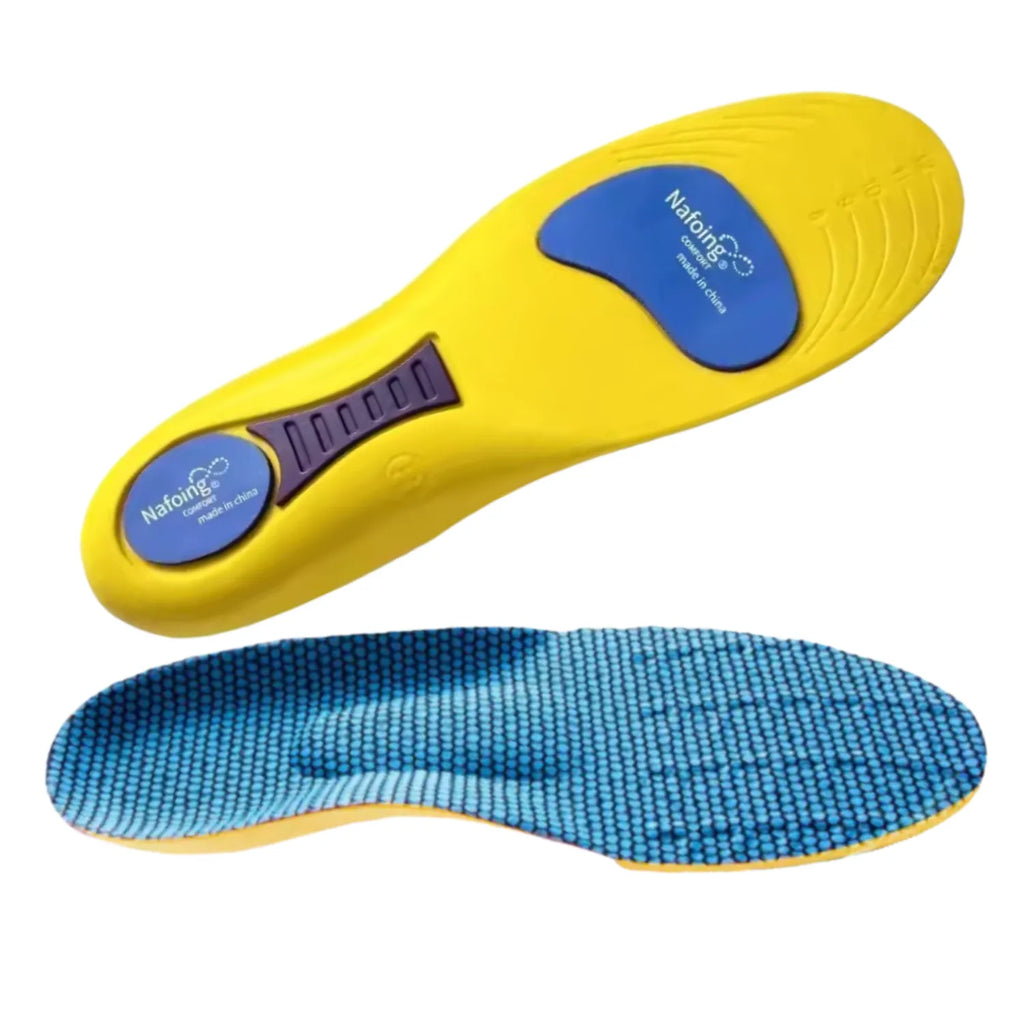 Palmilha ortopédica X, para pés chatos, planos, pisada pronada, de conforto para o dia-a-dia e esporte na cor amarela detalhando a estrutura inferior com pontos de absorção azuis  e o design ergonômico lateral sobre fundo branco