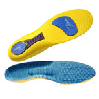 Palmilha ortopédica X, para pés chatos, planos, pisada pronada, de conforto para o dia-a-dia e esporte na cor amarela detalhando a estrutura inferior com pontos de absorção azuis  e o design ergonômico lateral sobre fundo branco