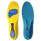 Exibição vertical da palmilha ortopédica X ergonômica amarela, para pés chatos, planos, pisada pronada, mostrando o solado inferior com amortecimento reforçado e linhas guias de tamanho na ponta, ao lado da face superior em malha azul texturizada sobre fundo branco