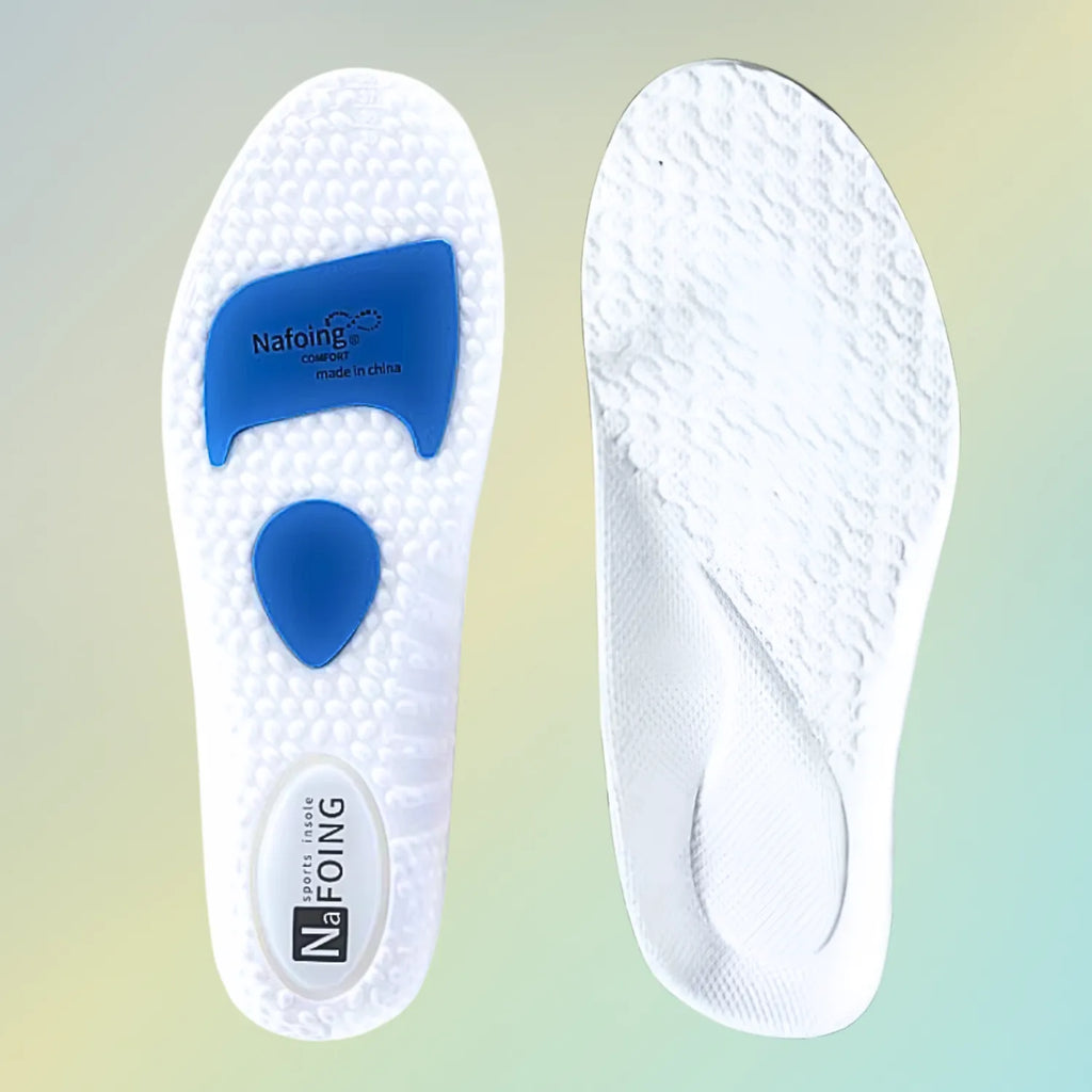 Vista superior e inferior da palmilha ortopédica X esportiva branca, para pés chatos, planos, pisada pronada, com zonas azuis de gel e logo da marca evidenciando design ergonômico e tecnologia de conforto Universo Vigor Saúde
