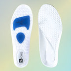 Vista superior e inferior da palmilha ortopédica X esportiva branca, para pés chatos, planos, pisada pronada, com zonas azuis de gel e logo da marca evidenciando design ergonômico e tecnologia de conforto Universo Vigor Saúde
