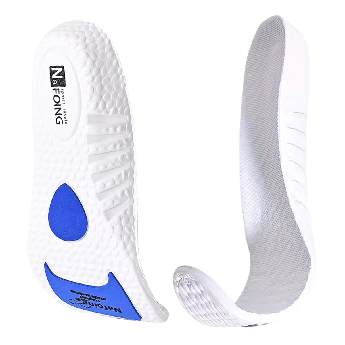 Apresentação vertical dupla em perspectiva da palmilha ortopédica X branca, para pés chatos, planos, pisada pronada, exibindo a base inferior com relevos de esferas e amortecedores em azul ao lado da face superior em tecido cinza claro sobre fundo branco