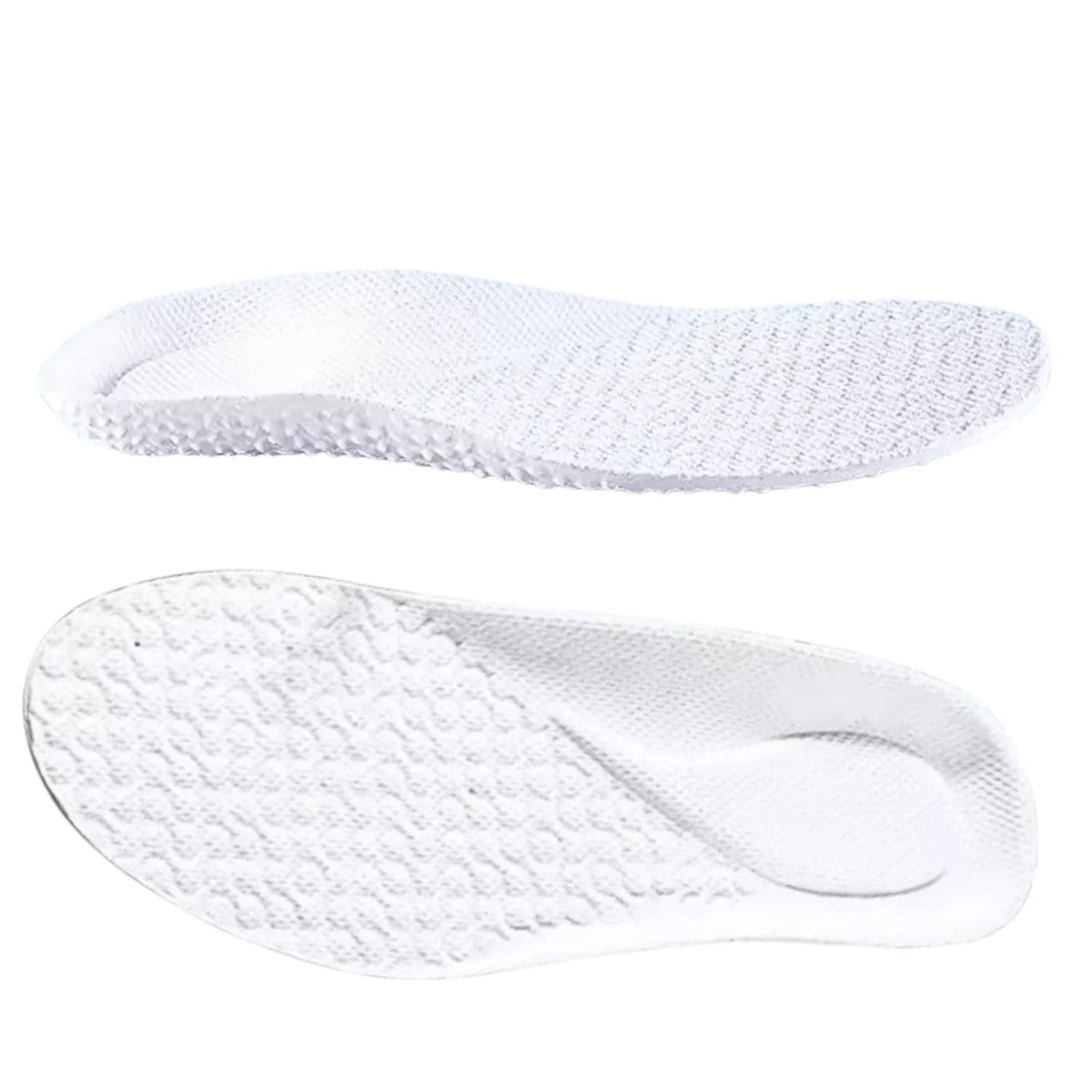 Apresentação combinada de dois ângulos de palmilha ortopédica X branca, para pés chatos, planos, pisada pronada, exibindo o perfil lateral com suporte anatômico de arco e a vista superior detalhando a malha texturizada respirável sobre fundo branco