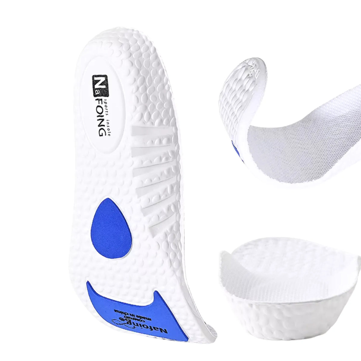 Composição com três ângulos da palmilha X ortopédica branca, para pés chatos, planos, pisada pronada, exibindo a base inferior com padrão de esferas, o detalhe da curvatura flexível do antepé em tecido cinza e o close da calha de acomodação do calcanhar sobre fundo branco