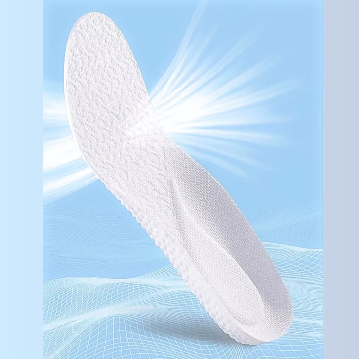 Palmilha ortopédica X branca, para pés chatos, planos, pisada pronada, flutuando em perspectiva inclinada contra fundo azul com linhas curvas de fluxo de ar, destacando a malha respirável superior e a base lateral com esferas em relevo
