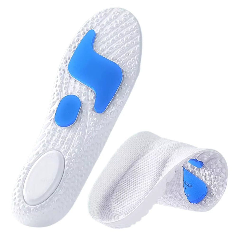 Palmilha ortopédica X esportiva branca, para pés chatos, planos, pisada pronada, com inserções azuis de gel no arco plantar e calcanhar para amortecimento e estabilidade postural Universo Vigor Saúde