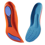 Apresentação vertical dupla em perspectiva da palmilha ortopédica X laranja, pés chatos, planos, pisada pronada, exibindo o solado inferior flexível com suportes de gel azul e a face superior revestida em tecido texturizado azul sobre fundo branco