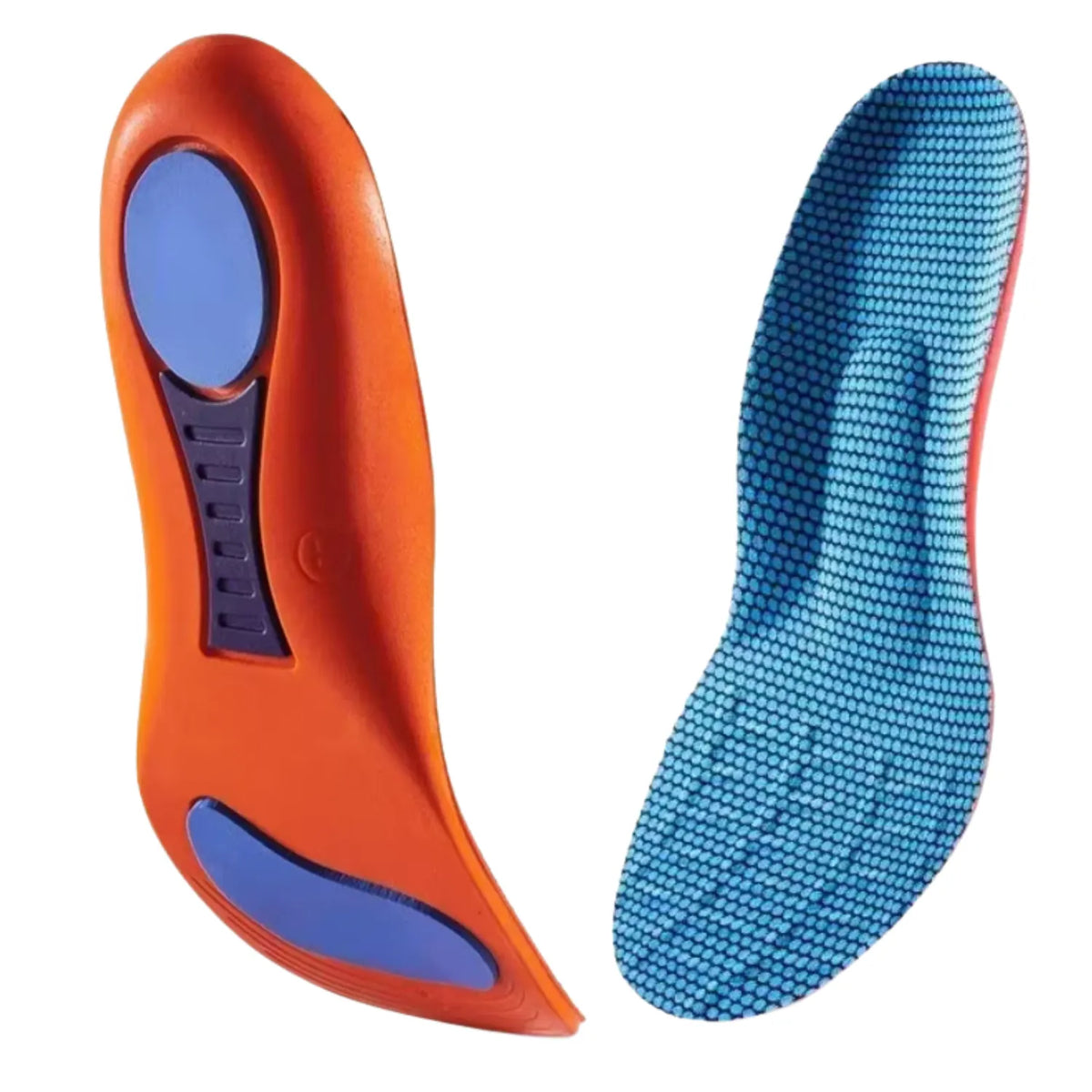 Apresentação vertical dupla em perspectiva da palmilha ortopédica X laranja, pés chatos, planos, pisada pronada, exibindo o solado inferior flexível com suportes de gel azul e a face superior revestida em tecido texturizado azul sobre fundo branco