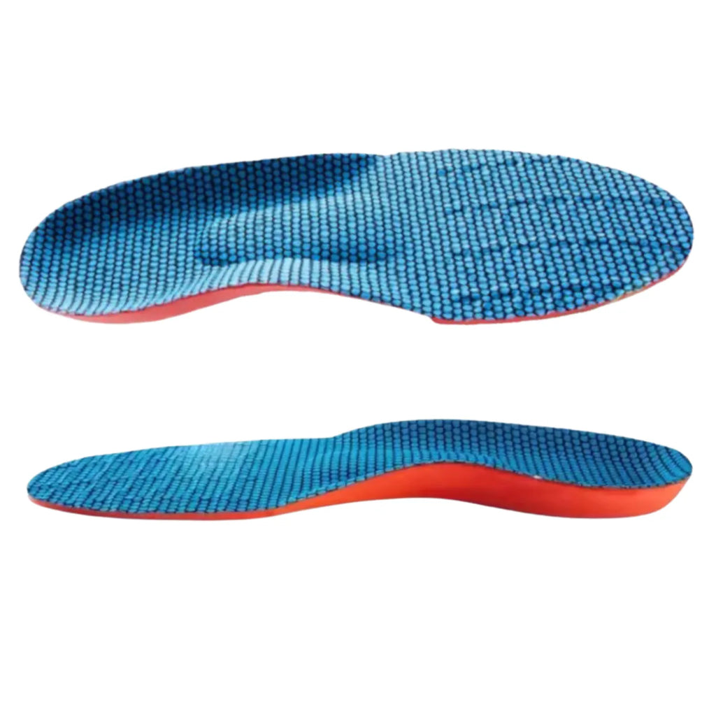 Visão combinada de palmilha ortopédica X, para pés chatos, planos, pisada pronada, exibindo a face superior texturizada em azul com suporte de metatarso e a vista em perfil lateral evidenciando a elevação para arco alto sobre fundo branco